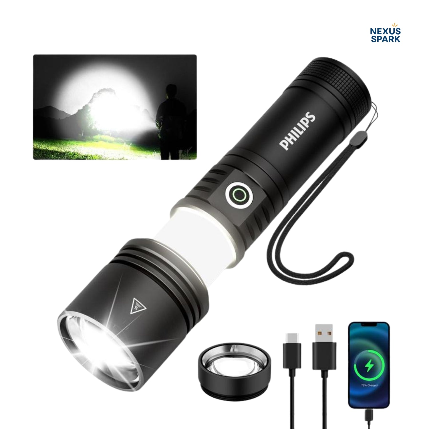 Philips Rechargeable Flashlight | 5-Mode High-Lumen Torch with Ignition Lens & Emergency Use
